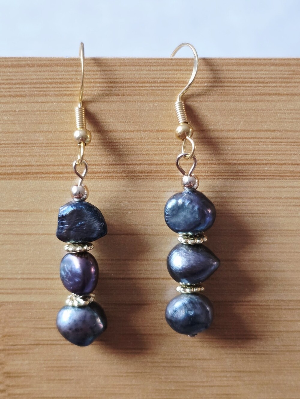 Freshwater Baroque Black Pearl Drop Earrings with Gold Accents